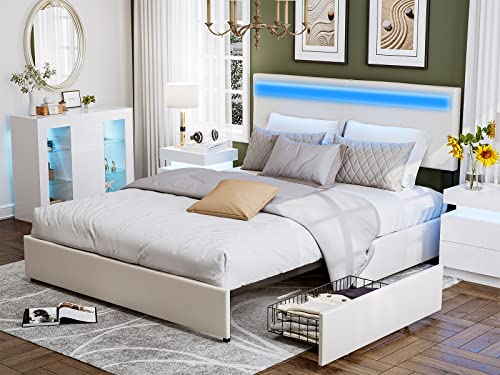 IKIFLY LED Bed Frame with 4 Storage Drawers, Upholstered Queen Size Storage Bed with Adjustable Headboard & LED Lights, Mattress Foundation, No Box Spring Needed, Easy Assembly - White/Queen