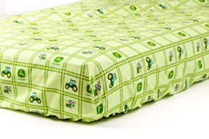 j&d productions, inc. tractor fitted crib sheet displaying jd tractors and logos, green