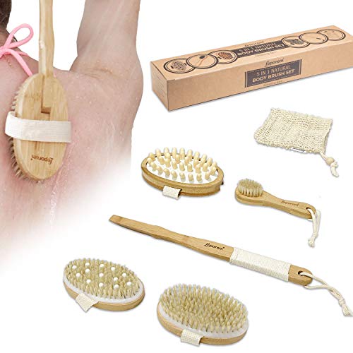 Body Brush - 5 in 1 Wet or Dry Brush, Back Brush, Shower & Bath Brush Scrubber with Non-Slip Long handle, Exfoliating Face Brush Massager, Sisal Bag, Cellulite Massager, Natural Bristle, Gift Set