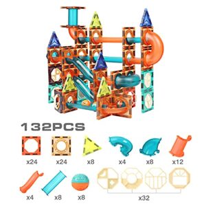 Marble Runs Magnetic Tiles - Toy Magnetic Building Sets 132pcs Magnet Building Blocks Tiles STEM Learning for Girls Boys Kids Toddlers Baby Children Ages 3+ Years Old Birthday Easter Day Gift