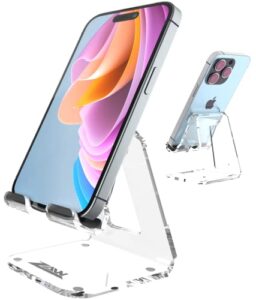 zaw acrylic cell phone stand, office desk accessories clear phone stand for desk, 4mm acrylic phone holder, compatible with iphone 14 pro, samsung s21 s20 smartphones (1xpack)