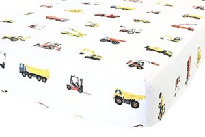 bundle of addison belle products - 100% cotton fitted crib sheet + muslin swaddle - construction trucks - soft, durable & breathable