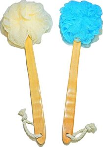 2-pack shower loofah body & back scrubber - exfoliating loofah luffa loofa bath brush on a stick - with long wooden handle back brush for men & women - easy reach body wash & lotion applicator