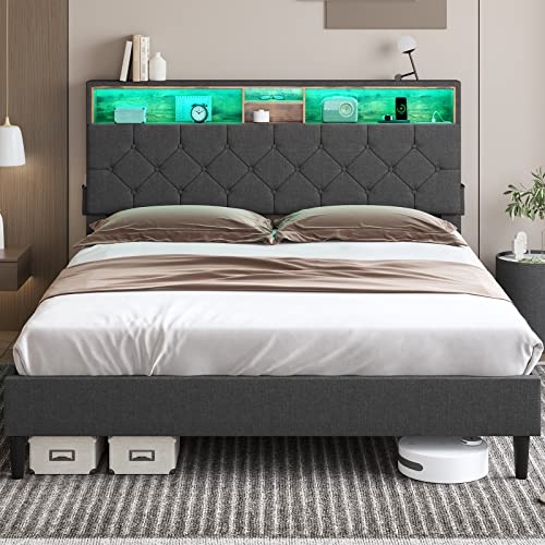 Tiptiper LED Bed Frame Queen Size with Outlets and USB Ports, Queen Bed Frame with Headboard Storage, Button Tufted Platform Bed with LED Lights, No Box Spring Needed, Easy Assembly, Dark Grey