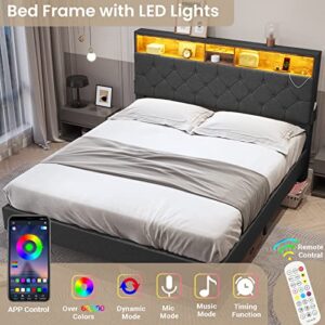 Tiptiper LED Bed Frame Queen Size with Outlets and USB Ports, Queen Bed Frame with Headboard Storage, Button Tufted Platform Bed with LED Lights, No Box Spring Needed, Easy Assembly, Dark Grey