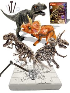 dinosaur fossil dig kit, dino excavation kits for kids, educational science kits, dinosaur toys for kids, dig up 2 3d skeleton puzzles and 2 dinosaur figures including t-rex, triceratops