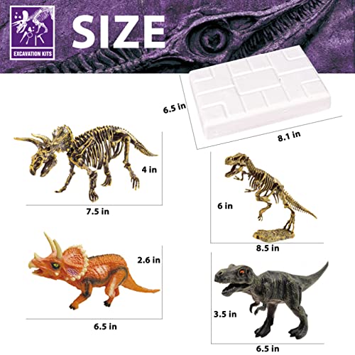 Dinosaur Fossil Dig Kit, Dino Excavation Kits for Kids, Educational Science Kits, Dinosaur Toys for Kids, Dig up 2 3D Skeleton Puzzles and 2 Dinosaur Figures Including T-Rex, Triceratops