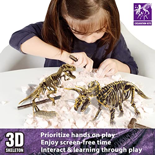 Dinosaur Fossil Dig Kit, Dino Excavation Kits for Kids, Educational Science Kits, Dinosaur Toys for Kids, Dig up 2 3D Skeleton Puzzles and 2 Dinosaur Figures Including T-Rex, Triceratops