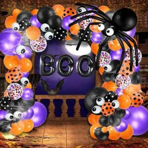 Bonropin Halloween Balloon Garland Arch kit with Halloween Spider Web, Boo Aluminum Foil Banner Balloons, Spider Balloons, Black Orange Purple Confetti Balloons for Halloween Day Party Decorations