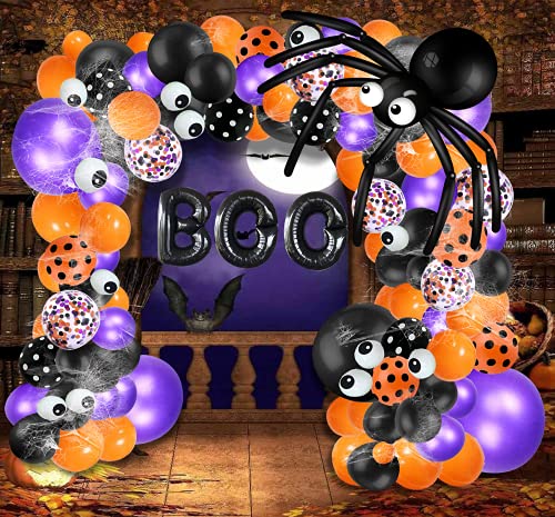 Bonropin Halloween Balloon Garland Arch kit with Halloween Spider Web, Boo Aluminum Foil Banner Balloons, Spider Balloons, Black Orange Purple Confetti Balloons for Halloween Day Party Decorations