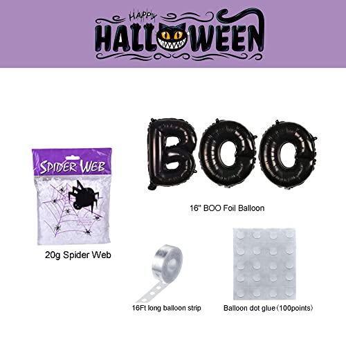 Bonropin Halloween Balloon Garland Arch kit with Halloween Spider Web, Boo Aluminum Foil Banner Balloons, Spider Balloons, Black Orange Purple Confetti Balloons for Halloween Day Party Decorations