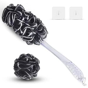 loofah-charcoal back-scrubber-bath sponges-long handled shower sponge-loofah on a stick- 1 long handle back brush, 1 large soft mesh poufs and 2 hook for men and women