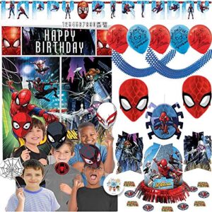 spiderman birthday party decoration pack with scene setter, photo props, hanging honeycomb and swirl decorations, 6 balloons, table decorating kit, add an age birthday banner, garland, exclusive pin