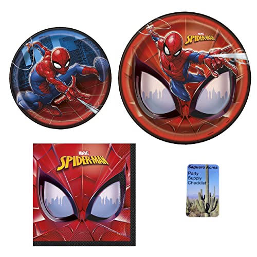 Unique Spiderman Birthday Party Bundle 8 Dinner & 8 Dessert Plates, 16 Luncheon Napkins , For 8 People and 1 Saguaro Acres Party Supply Checklist