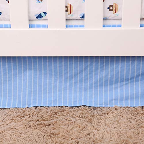 4 PCs Blue Car Steamship Nursery Crib Bedding Set Sky Blue Baby Boy Cot Bedding Set Quilt , Fitted Sheet , Skirt , Window Valance