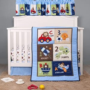 4 pcs blue car steamship nursery crib bedding set sky blue baby boy cot bedding set quilt , fitted sheet , skirt , window valance