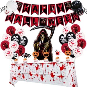 halloween decorations spooky halloween decorations party supplies includes spider scary grim reaper balloons bloody happy halloween banner backdrop for indoor outdoor wall window party decor, white
