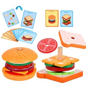 eamve montessori toys for toddlers,wooden burger sandwich sorting & stacking toys for toddlers and kids preschool,burger sandwitch wooden preschool educational toys for gift 3,4,5 years old(2 sets)