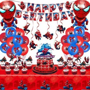 53 pcs spidey-men birthday decorations party supplies include happy birthday banners, tablecloths, cake toppers ,cupcake toppers, balloons, hanging swirls superhero birthday party supplies