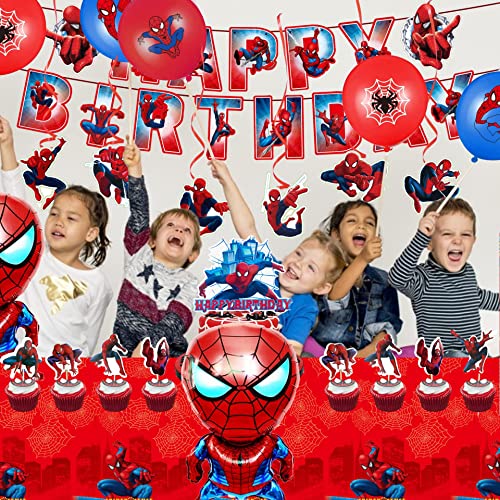 53 Pcs Spidey-men Birthday Decorations Party Supplies Include Happy Birthday Banners, Tablecloths, Cake Toppers ,Cupcake Toppers, Balloons, Hanging Swirls Superhero Birthday Party Supplies