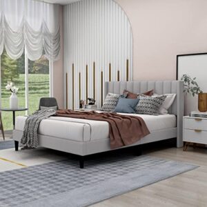 zavoter queen upholstered platform bed frame with headboard, mattress foundation, wood slat support, quiet, no box spring needed, easy to assemble light gray