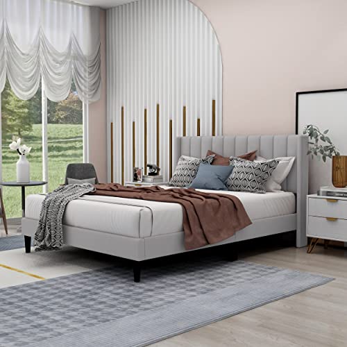 Zavoter Queen Upholstered Platform Bed Frame with Headboard, Mattress Foundation, Wood Slat Support, Quiet, no Box Spring Needed, Easy to Assemble Light Gray