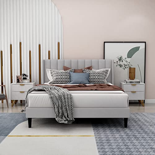 Zavoter Queen Upholstered Platform Bed Frame with Headboard, Mattress Foundation, Wood Slat Support, Quiet, no Box Spring Needed, Easy to Assemble Light Gray