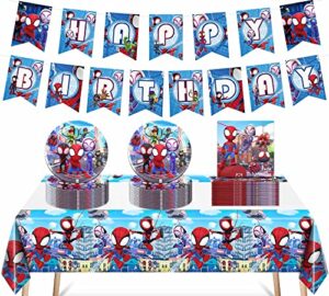 50pcs spidey and his amazing friends birthday party supplies decorations, 24 plates, 24 napkins, 1 tablecloth and 1 pull flag, birthday party favors for kids boys girls