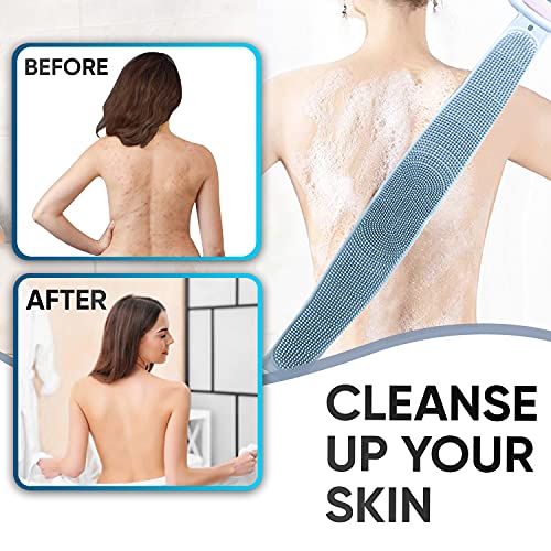 Extra Long Silicone Back Scrubber With Facial Cleansing Brush | Back Scrubber For Shower | Silicone Body Scrubber | Face Exfoliator, Back Scratcher, Bath Accessories | Cleanse and Soften Your Skin