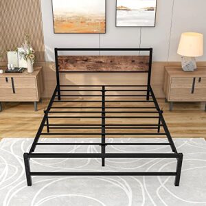 Crocofair Queen Size Bed Frame with Wooden Headboard and Footboard,Heavy Duty Metal Platform Bed Frame with Storage,Mattress Foundation Easy Assembly No Box Spring Needed(Rustic Brown)