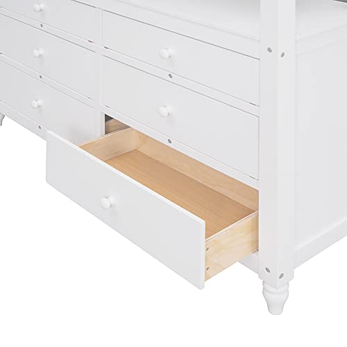 Merax Multi-Functional Full Loft Bed with Built-in Desk/6 Storage Drawers/Shelf, Full Size Wooden Loft Bed with Ladder and Guardrails, No Box Spring Required Wood Bed Frame, White