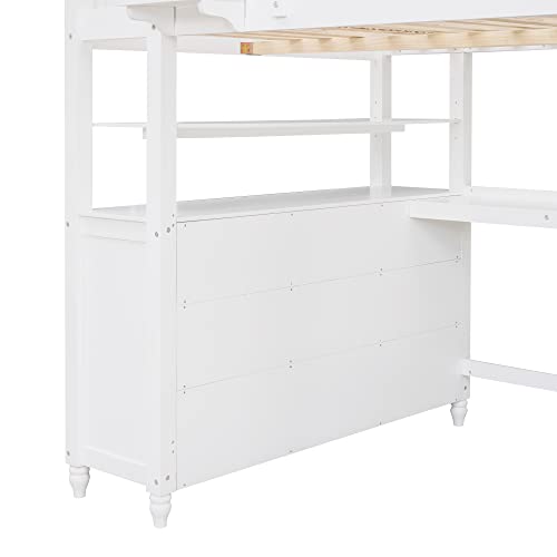 Merax Multi-Functional Full Loft Bed with Built-in Desk/6 Storage Drawers/Shelf, Full Size Wooden Loft Bed with Ladder and Guardrails, No Box Spring Required Wood Bed Frame, White