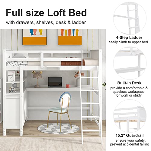 Merax Multi-Functional Full Loft Bed with Built-in Desk/6 Storage Drawers/Shelf, Full Size Wooden Loft Bed with Ladder and Guardrails, No Box Spring Required Wood Bed Frame, White