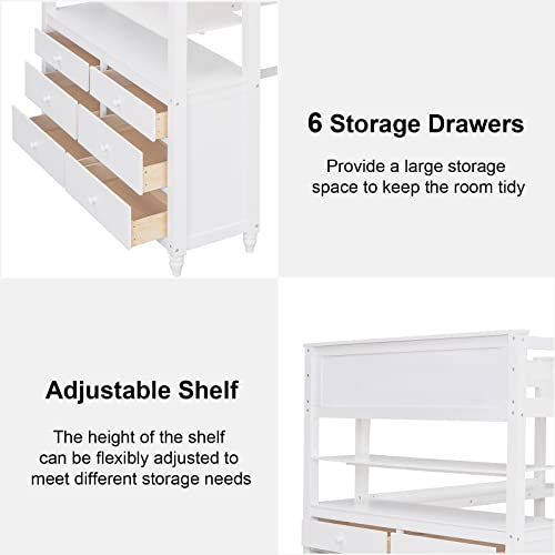 Merax Multi-Functional Full Loft Bed with Built-in Desk/6 Storage Drawers/Shelf, Full Size Wooden Loft Bed with Ladder and Guardrails, No Box Spring Required Wood Bed Frame, White