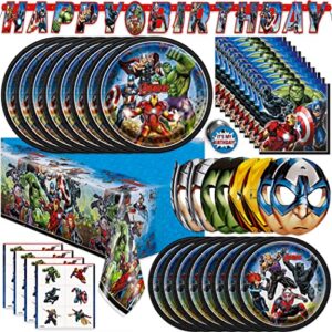 marvel avengers party supplies and decorations, avengers birthday party supplies, serves 16 guests, officially licensed with table cover, banner decor, plates, napkins, and more