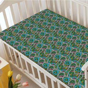 Car Race Track Themed Fitted Crib Sheet,Standard Crib Mattress Fitted Sheet Toddler Bed Mattress Sheets-Great for Boy or Girl Room or Nursery, 28“ x52“,Multicolor