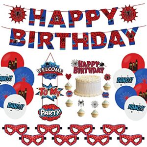 crzpai spiderman birthday party decorations superhero themed party supplies favors with banner, welcome hanger, toy masks, cake toppers and latex balloons