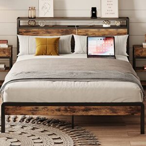 ironck queen bed frame,platform bed with 2-tier storage headboard and power outlets, usb ports charging station, sturdy and no noise, no box spring needed, easy assembly