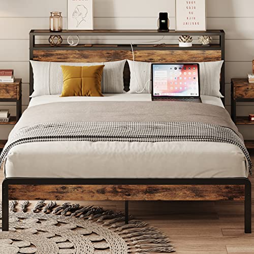 IRONCK Queen Bed Frame,Platform Bed with 2-Tier Storage Headboard and Power Outlets, USB Ports Charging Station, Sturdy and No Noise, No Box Spring Needed, Easy Assembly