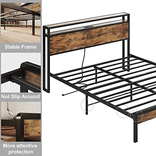 IRONCK Queen Bed Frame,Platform Bed with 2-Tier Storage Headboard and Power Outlets, USB Ports Charging Station, Sturdy and No Noise, No Box Spring Needed, Easy Assembly