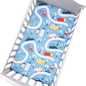 Cloele Fitted Crib Sheet - Baby Nursery Sheet 100% Polyester 2 Pack Cozy Bed Sheet Set for Standard Crib and Toddler Mattresses - Cartoon Car Nursery Bed Sheet Infant Baby Toddler Sheet for Baby