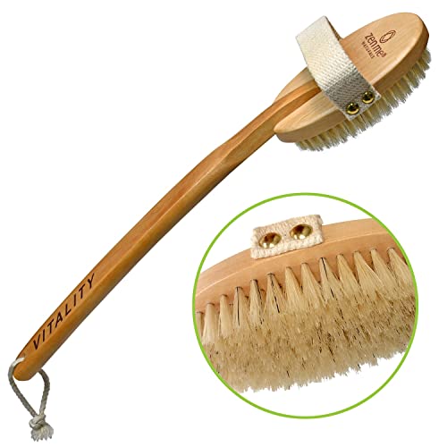 Zen Me Premium Boar Bristle Brush, Exfoliating Brush with Medium Firm Natural Bristles for Cellulite and Lymphatic, Body Scrub Brush with Detox eBook Gift