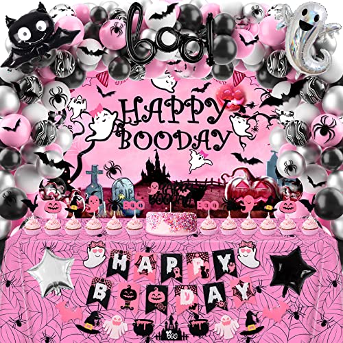 Halloween Birthday Party Decorations Pink and Black Happy Boo Day Halloween Theme Birthday Party Supplies 92 Pcs for Girl Including Backdrop, Tablecloth, Spider Bat Wall Stickers, Balloons