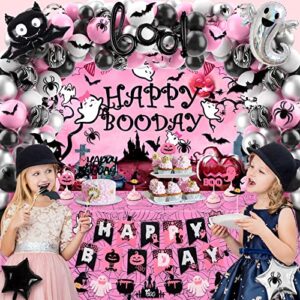 Halloween Birthday Party Decorations Pink and Black Happy Boo Day Halloween Theme Birthday Party Supplies 92 Pcs for Girl Including Backdrop, Tablecloth, Spider Bat Wall Stickers, Balloons