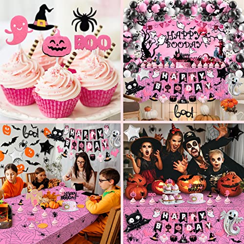 Halloween Birthday Party Decorations Pink and Black Happy Boo Day Halloween Theme Birthday Party Supplies 92 Pcs for Girl Including Backdrop, Tablecloth, Spider Bat Wall Stickers, Balloons