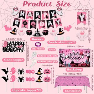 Halloween Birthday Party Decorations Pink and Black Happy Boo Day Halloween Theme Birthday Party Supplies 92 Pcs for Girl Including Backdrop, Tablecloth, Spider Bat Wall Stickers, Balloons