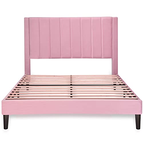 SHA CERLIN Full Size Vertical Channel Platform Bed Frame/Velvet Upholstered Bed Frame with Headboard/Strong Wood Slats Support/Mattress Foundation/No Box Spring Needed/Pink