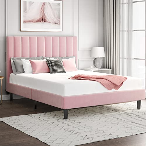 SHA CERLIN Full Size Vertical Channel Platform Bed Frame/Velvet Upholstered Bed Frame with Headboard/Strong Wood Slats Support/Mattress Foundation/No Box Spring Needed/Pink