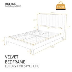 SHA CERLIN Full Size Vertical Channel Platform Bed Frame/Velvet Upholstered Bed Frame with Headboard/Strong Wood Slats Support/Mattress Foundation/No Box Spring Needed/Pink