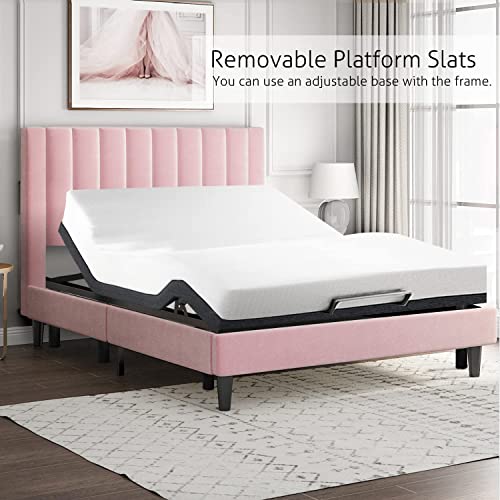 SHA CERLIN Full Size Vertical Channel Platform Bed Frame/Velvet Upholstered Bed Frame with Headboard/Strong Wood Slats Support/Mattress Foundation/No Box Spring Needed/Pink